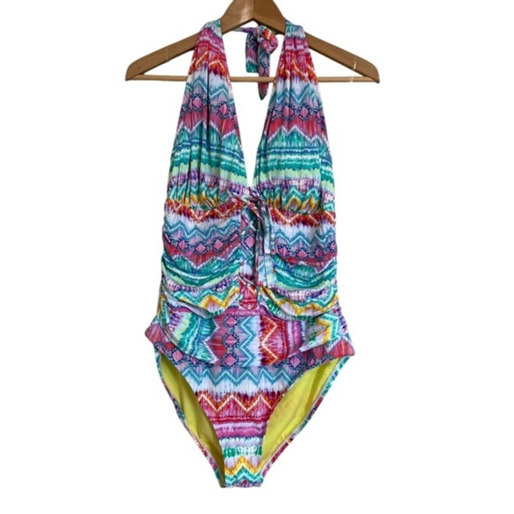 Bleu Rod Beattie Multicolor Chevron Halter One-Piece - Pink, Turquoise, Yellow
